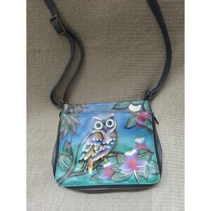 ANUSCHKA Hand Painted Leather Zip Top Midnight Owl Crossbody Handbag Zip Expandr